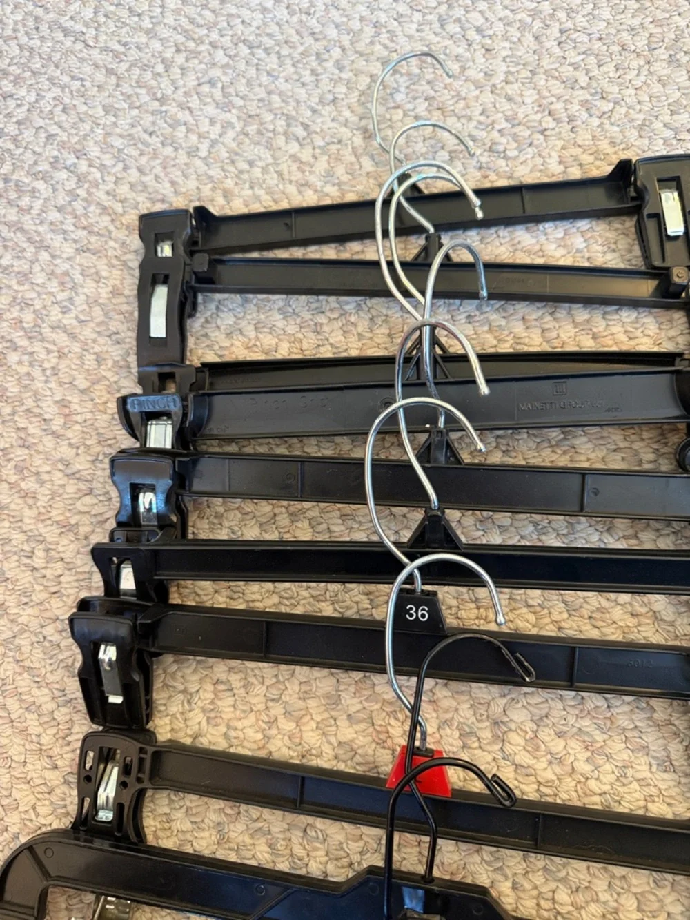 Black Plastic Hangers w/Clips. Set of 11. 14” long. For Skirts, Pants, Slacks.